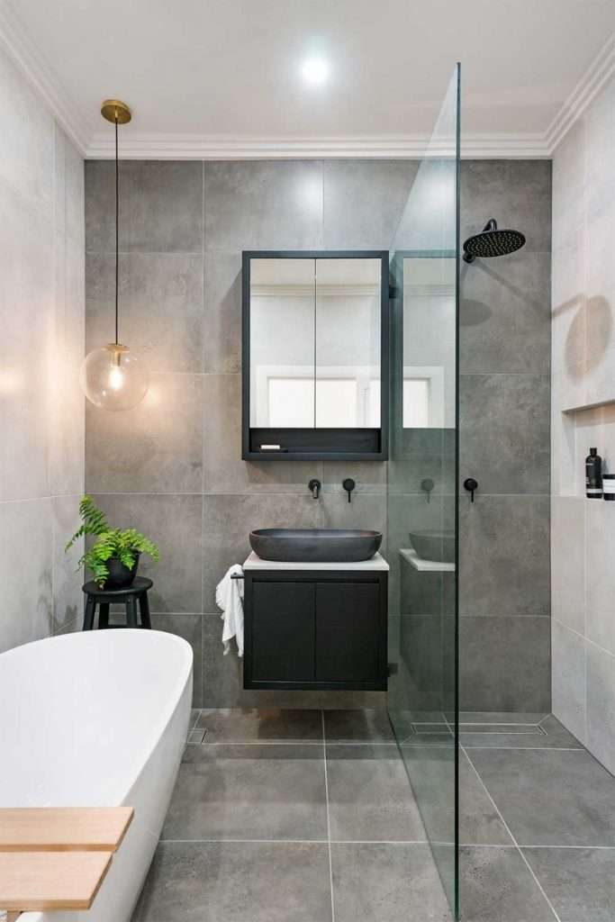 black-grey-bathroom-design Black stained timber vanity