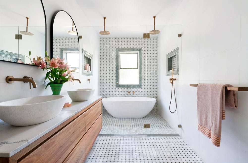 Black and brass bathroom design with Solid Brass shower & hand shower.