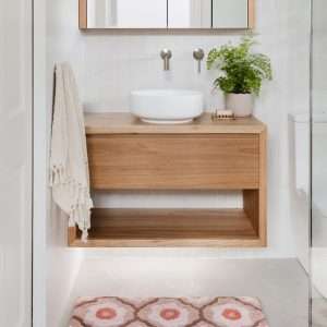 timber vanity with open shelf