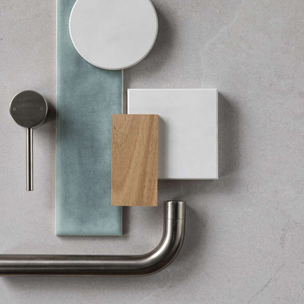 bathroom moodboard grey blue and brushed nickel