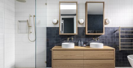 double basin wall hung timber vanity in American Oak Sydney