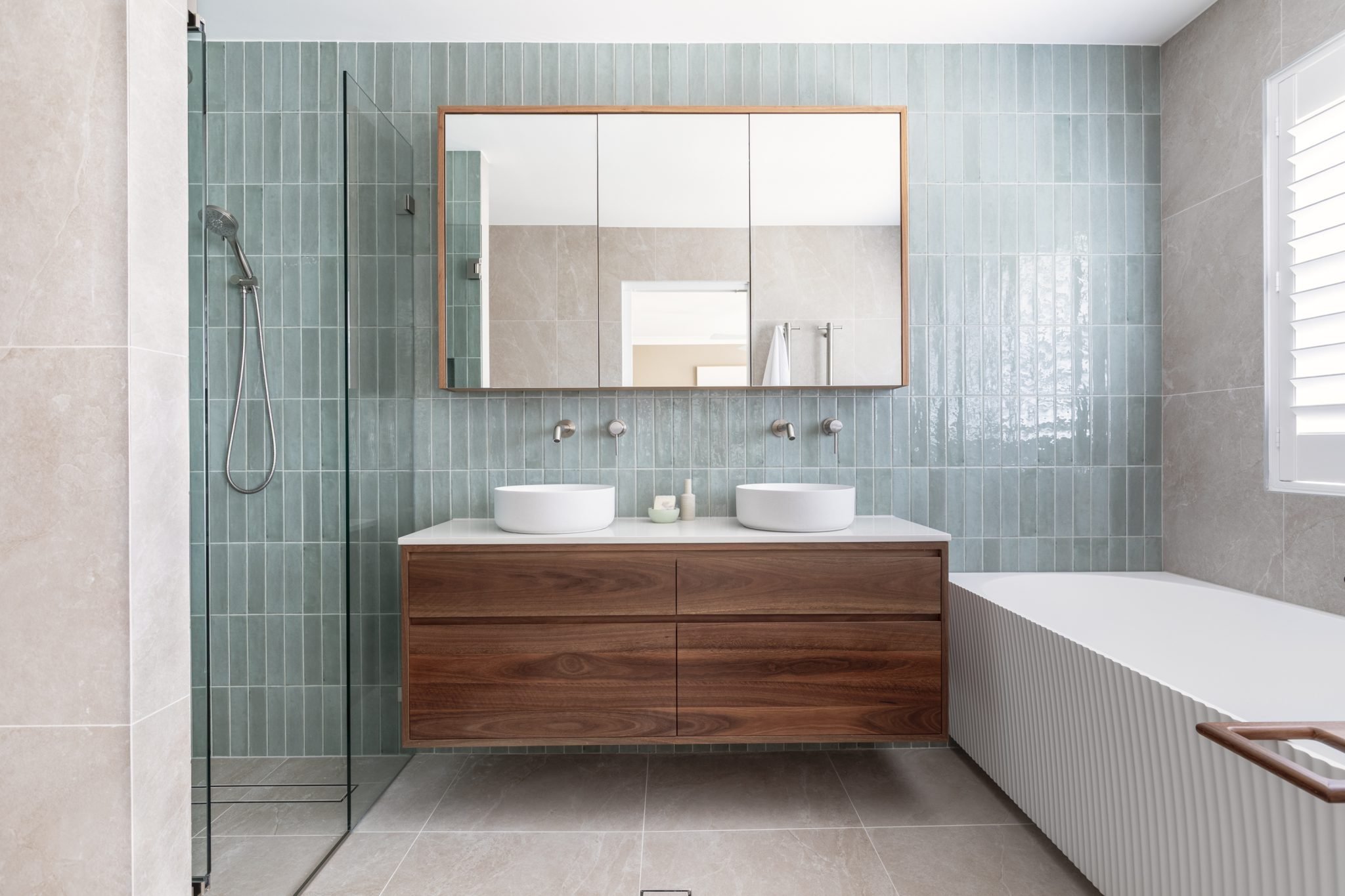 Soft blue ensuite renovation in St Ives Sydney