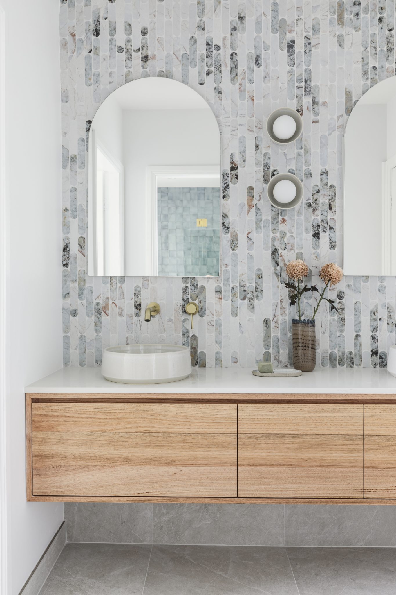 3 way bathroom renovation in Sydney- St Ives. Gorgeous marble look porcelain mosaic tiles that add luxury and texture