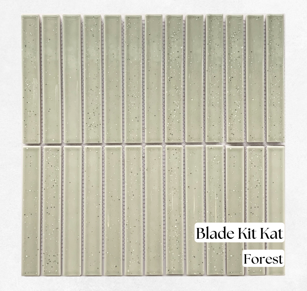 Blade Kit Kat mosaic sheet in Forest, sage green finger tiles with a speckled glaze