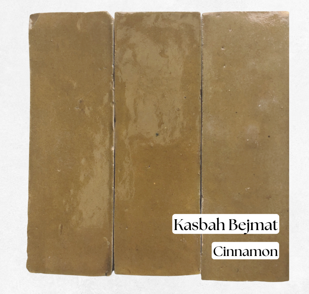 Three Kasbah Moroccan bejmat tiles in Cinnamon, a glossy golden ochre handmade tile