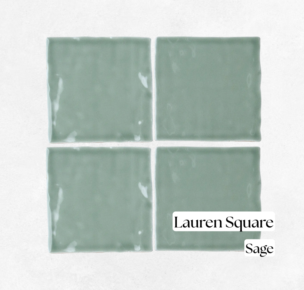 Lauren Spanish handmade square tiles in Sage, a glossy soft green 100x100mm tile